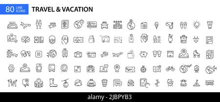 Große Reihe von Reise- und Urlaubssymbolen. Flugreise, Strandurlaub, Camping und andere. Pixelperfekte, bearbeitbare Strichführung Stock Vektor
