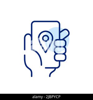 Hand hält ein Smartphone mit einem Kartenzeiger. Pixel-perfektes, bearbeitbares Strichliniensymbol Stock Vektor