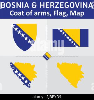 Bosnien und Herzegowina Wappen, Flagge und Landkarte Stock Vektor