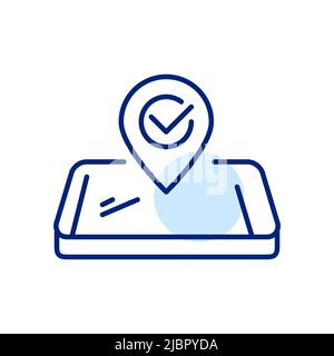 Kartenzeiger mit Standortverifizierung auf einem Smartphone. Pixel Perfect bearbeitbare Strichlinien-Grafik-Symbol Stock Vektor