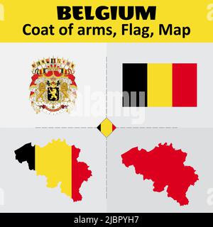 Belgien Wappen, Flagge und Landkarte Stock Vektor