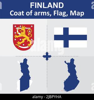 Finnland Wappen, Flagge und Landkarte Stock Vektor