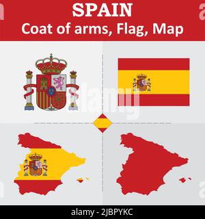 Spanien Wappen, Flagge und Landkarte Stock Vektor