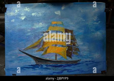 Unvollendetes Segelboot handgemalt Original Meisterwerke Kunstmaler Ölmalerei Segelboot und Barque im Meer aus thailand, Junk Boot und Glückshandel Stockfoto