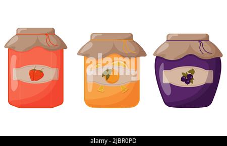 Glaskonfitüren aus schwarzer Johannisbeere, Orange und Erdbeere mit geschlossenem Deckel. Niedliche Vektorgrafik. Stock Vektor