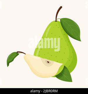 Ganze grüne Birne mit grünem Blatt isoliert auf weißem Hintergrund. Flache Vektorgrafik. Stock Vektor