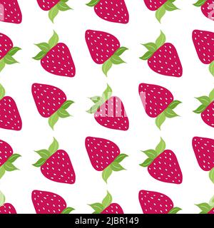 Handgezeichnetes, nahtloses Muster aus rosa Erdbeerdoodle mit Streifen, Blättern und Sternen auf weißem Hintergrund. Sommer Beeren für die Gestaltung von Stickern, Menüposter.Vektor-flache Illustration Stock Vektor