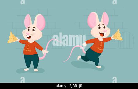 Cartoon lächelnde Maus Charakter mit Käse. Flache Vektorgrafik. Stock Vektor