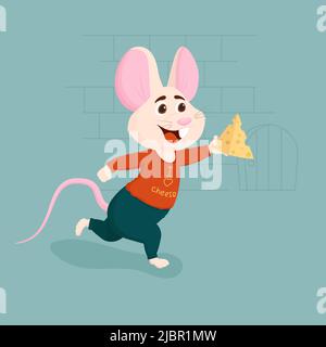 Cartoon lächelnde Maus Charakter mit Käse. Flache Vektorgrafik. Stock Vektor