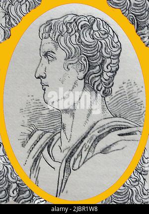 Ein Porträt des (Caius oder Guius) Caesar Augustus Germanicus (12 n. Chr. -41 n. Chr.) aus dem späten 19.. Jahrhundert mit dem Spitznamen Caligula. Er wurde als Gaius Julius Caesar geboren, erhielt aber den Spitznamen Caligula, was kleine Caliga bedeutet (eine Art Militärstiefel), von denen, die er trug, als die Soldaten seines Vaters während ihres Feldzugs in Germania begegneten. Seine Eltern waren Germanicus und Agrippina die Ältere. Er starb durch einen Mord in einer gemeinsamen Verschwörung durch Offiziere der Prätorianischen Garde, Senatoren und Höflinge Stockfoto