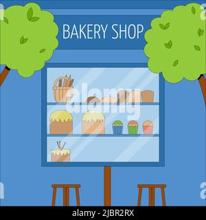 Das Gebäude der städtischen Bäckerei mit Tischen und Stühlen im Freien. Vektor-Konzept eines Sommer-Cafés. Flache Vektorgrafik Stock Vektor