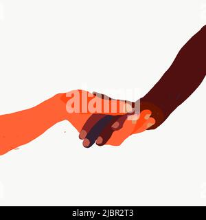 Zwei Hände unterschiedlicher Hautfarben halten sich gegenseitig. Das Konzept der Unterstützung und Unterstützung. Handgezeichnete Vektorgrafik Stock Vektor
