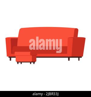 Rotes Sofa mit einem gepolsterten Hocker isoliert auf weißem Hintergrund. Fußhocker. Flache Vektorgrafik. Stock Vektor