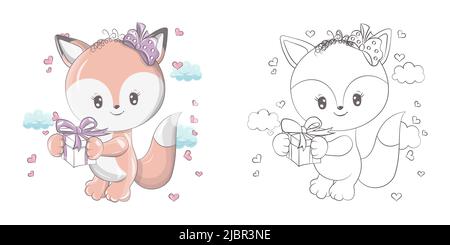 Clipart Fox Multicolor und Black and White. Niedlicher Clip Art Fuchs mit einem Geschenk in den Pfoten. Illustration eines Waldtieres für , Aufkleber, Babydusche Stock Vektor
