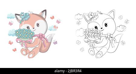 Fox Clipart für Malvorlagen und mehrfarbige Illustrationen. Clip Art Fuchs mit einem Bouquet von Türkis Blumen. Illustration eines Waldtieres für Stock Vektor