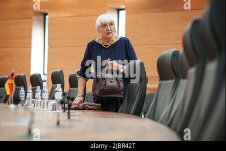 Chisinau, Moldawien. 08.. Juni 2022. Claudia Roth (Bündnis 90/die Grünen), Staatsministerin für Kultur und Medien, nimmt ihren Sitz zu Beginn eines Treffens mit ihrem moldauischen Amtskollegen in Chisinau ein. Roth eröffnet hier eine Ausstellung über die 30-jährige Beziehung zwischen der Republik Moldau und Deutschland. Quelle: Kay Nietfeld/dpa/Alamy Live News Stockfoto