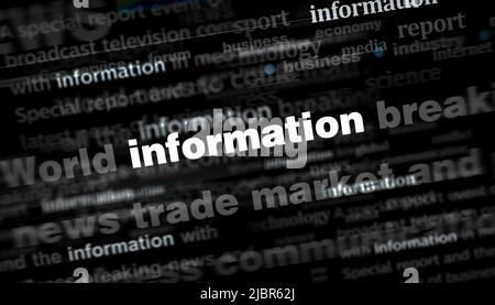 Schlagzeilen in internationalen Medien mit Information und Kommunikation. Abstraktes Konzept von Nachrichtentiteln, die auf Lärmdisplays übertragen werden. TV-Fehler Stockfoto