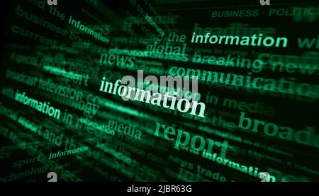 Schlagzeilen in internationalen Medien mit Information und Kommunikation. Abstraktes Konzept von Nachrichtentiteln, die auf Lärmdisplays übertragen werden. TV-Fehler Stockfoto