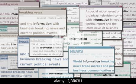 Schlagzeilen in internationalen Medien mit Information und Kommunikation. Abstraktes Konzept von Nachrichtentiteln, die auf Lärmdisplays übertragen werden. TV-Fehler Stockfoto