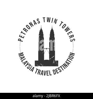 Grunge Gummistempel mit dem Text Malaysia travel Destination in der Marke geschrieben. Zeit zum Reisen. Silhouette von Petronas Turm Malaysia Vektor Stock Vektor