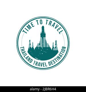 Grunge Gummistempel mit dem Text Thailand travel Destination in der Marke geschrieben. Zeit zum Reisen. Silhouette von wat arun Tempel Thailand histori Stock Vektor