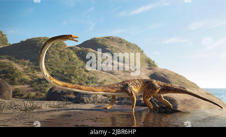 Tanystropheus, ausgestorbenes Reptil in einer triassischen Landschaft Stockfoto