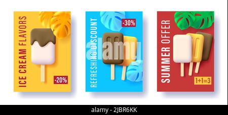 Set von Sommer-Werbeplakaten mit Eis auf Stock 3D Abbildung mit Palmblättern. Vektorgrafik Stock Vektor