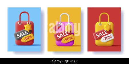 Set von Werbeplakaten mit 3D Einkaufstasche mit Preisschild-Illustration. Vektorgrafik Stock Vektor