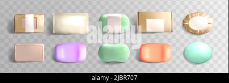 Seifenstücke imitieren in Folie oder Bastelpapier verpackt oben Ansicht isoliert auf transparentem Hintergrund gesetzt. Hygieneprodukt verschiedene Farben und Formen für eine reinigende Hautpflege oder Händewaschen Stock Vektor