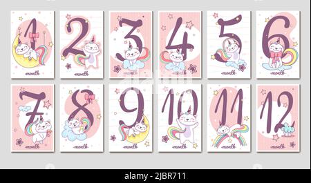 Flache Sammlung von monatlichen Baby-Meilensteinkarten mit niedlichen Einhorn-Katze und Zahlen in rosa Farbe. Geburtstagsmonat Aufkleber für neugeborene Mädchen mit lustigen Caticorn auf Wolke, Regenbogen und Mond. Stock Vektor