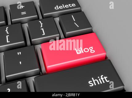 Word-Blog auf der Tastatur. Blogging-Konzept. Illustration für Web-Blogger. 3D Rendern Stockfoto