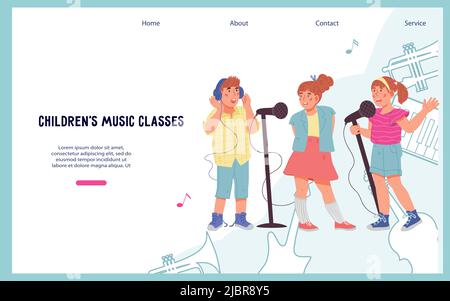 Vocal lessons Website Vorlage für Kinder mit Kindern Lieder singen, flache Cartoon-Vektor-Illustration. Unterricht und Unterricht in Musik und Gesang, Kinder Stock Vektor