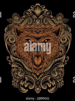 Illustration Wolfkopf mit antiker Gravur Ornament Stock Vektor