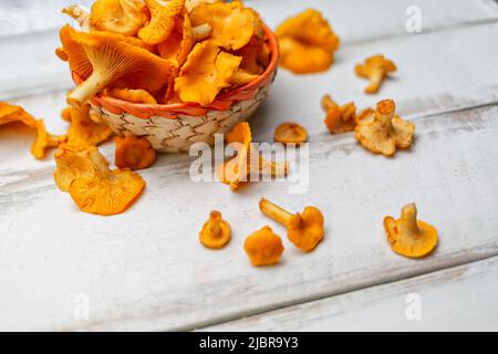 Orangenpilze Pfifferlinge in einem Korbkorb auf einem weißen Holztisch. Stockfoto