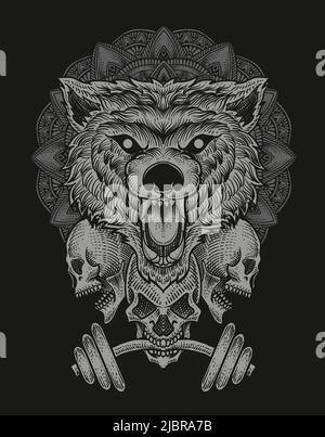Illustration Baddas Wolfkopf mit Totenkopf Stock Vektor