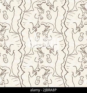 Braunes, handgezeichnetes Spinosaurus-Dinosaurier-Nahtloses Muster. Gender Neutral Jurassic fossile Silhouette für Baby-Nursery. Home Dekor für Museum, Aussterben Stockfoto