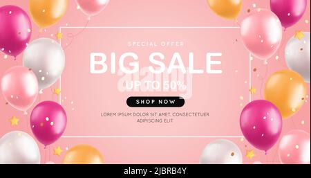 Großer Verkauf mit 3D Luftballons, realistischen rosa und gelben Luftballons, Sternen und Konfetti auf rosa Hintergrund. Banner für Sonderangebote, große Eröffnung des Shops Stock Vektor