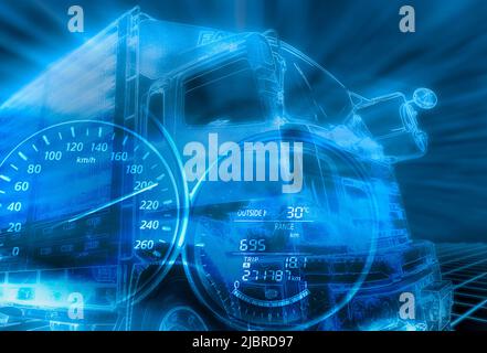 Konzept für Elektro-Lkw und fahrerlose autonome Fahrzeuge. Elektro-Fahrzeug Anhänger LKW. Futuristisches autonomes Auto. Frachttransport. Logistik Stockfoto