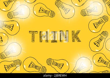 Denken. Glühbirnen handgezeichnet auf gelbem Hintergrund. Konzept des Brainstormings. Ideenkonzept. Stockfoto