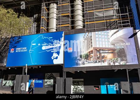 Sydney Metro Transport Projekt und Wandbild der neuen Martin Place Metro Station im Stadtzentrum von Sydney, NSW, Australien Stockfoto