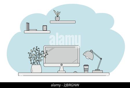 Vektorgrafik, Arbeitsplatz, Home Office, Arbeit und Studium zu Hause, Online-Schulungen, Webinare, Seminare, Blogging Stock Vektor