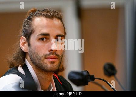 Rom, Italien. 08.. Juni 2022. Gianmarco Tamberi (ITA) während der Pressekonferenz der Goldenen Gala Pietro Mennea fünfte Etappe Wanda Diamond League im Konferenzraum des Olympiastadions in Rom am 08. Juni 2022 Quelle: Independent Photo Agency/Alamy Live News Stockfoto