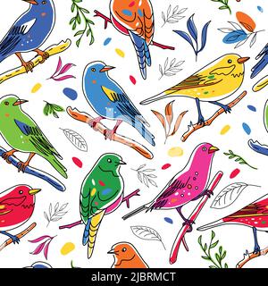 Nahtloses Muster. Vögel Natur Tiere Illustration. Niedliche handgezeichnete Vögel und Pflanzen kritzeln. Linienstil in Minimalismus. Vektorbild. Stock Vektor