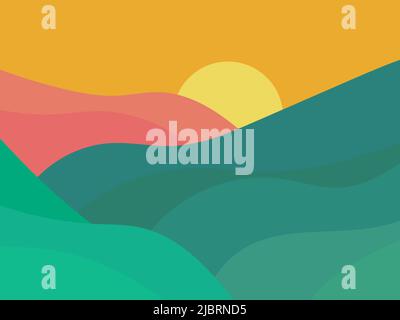 Landschaft mit Sonnenaufgang über den Bergen. Grüne wellige Hügel in minimalistischem Stil. Wellige Wiesen und Hügel. Design für Plakate und Banner, Broschüren und PR Stock Vektor