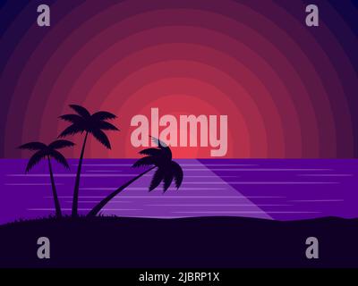 Strandlandschaft mit Palmen bei Sonnenuntergang. Gekippte Palme. Sonnenuntergang an der tropischen Küste. Sommerzeit. Design für Werbebroschüren, Banner, Pos. Stock Vektor