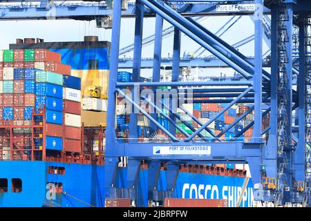 Das Containerschiff CSCL Uranus dockte im Hafen von Felixstowe Suffolk UK an Stockfoto