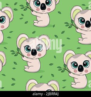 Nahtloses Muster mit niedlichen Koala Baby auf farbigem Hintergrund. Lustige australische Tiere. Karte, Postkarten für Kinder. Flache Vektorgrafik für Stoff Stock Vektor