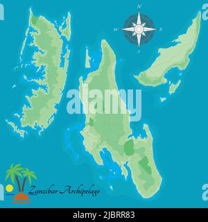 Sansibar Archipel. Realistische Darstellung der Inseln Unguja Island, Pemba Island, Mafia Island, halbautonome Region Tansanias. Straßenkarte. Stock Vektor