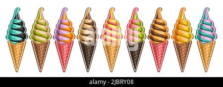 Vector Eiscreme Set, Lot-Kollektion von 9 Ausschneiden verschiedener Illustrationen von realistisch erfrischenden Eiscreme, horizontales Banner mit italienischem Fruchteis Stock Vektor