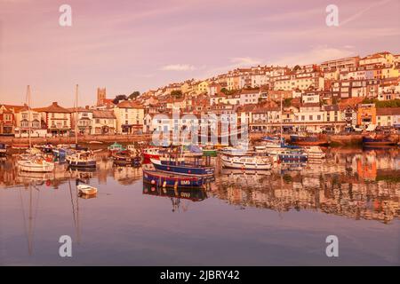 Großbritannien, England, Devon, Torbay, Brixham Harbour mit The Strand und dem Golden Hind (Museumsschiff) in Dawn Stockfoto
